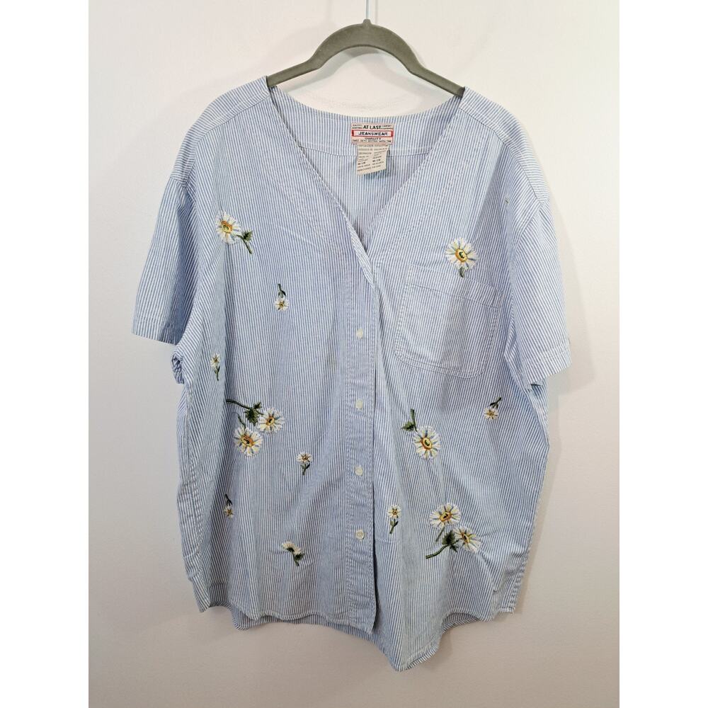 Vintage At Last Jeanswear Blue White Stripe Button-up Shirt Embroidered 18/20